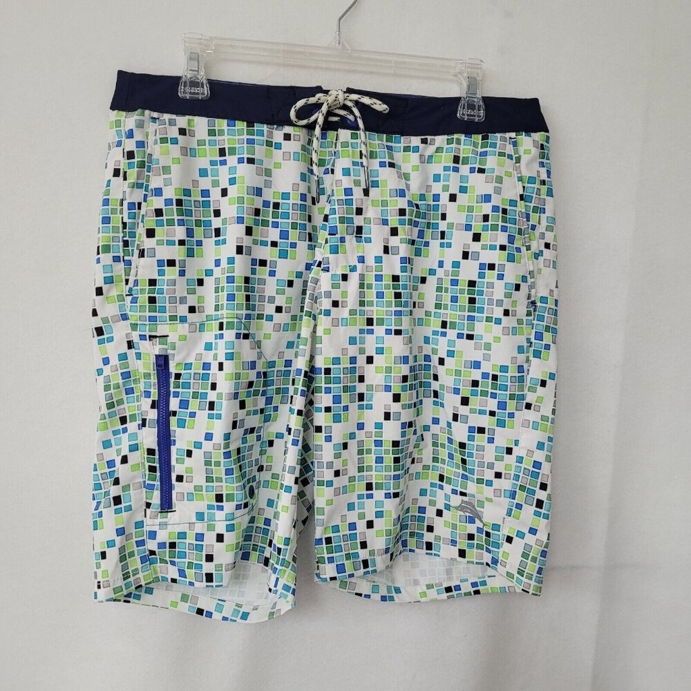 Tommy Bahama Relax 9" Swimsuit Men 32 Blue Green Checked Pattern Unlined Pockets